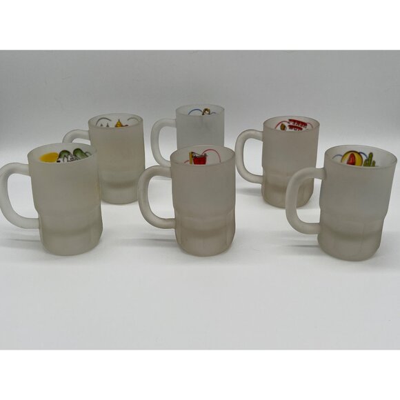 Set Of 6 Vintage Frosted Glass Mugs - International Greetings Design - Picture 8 of 10